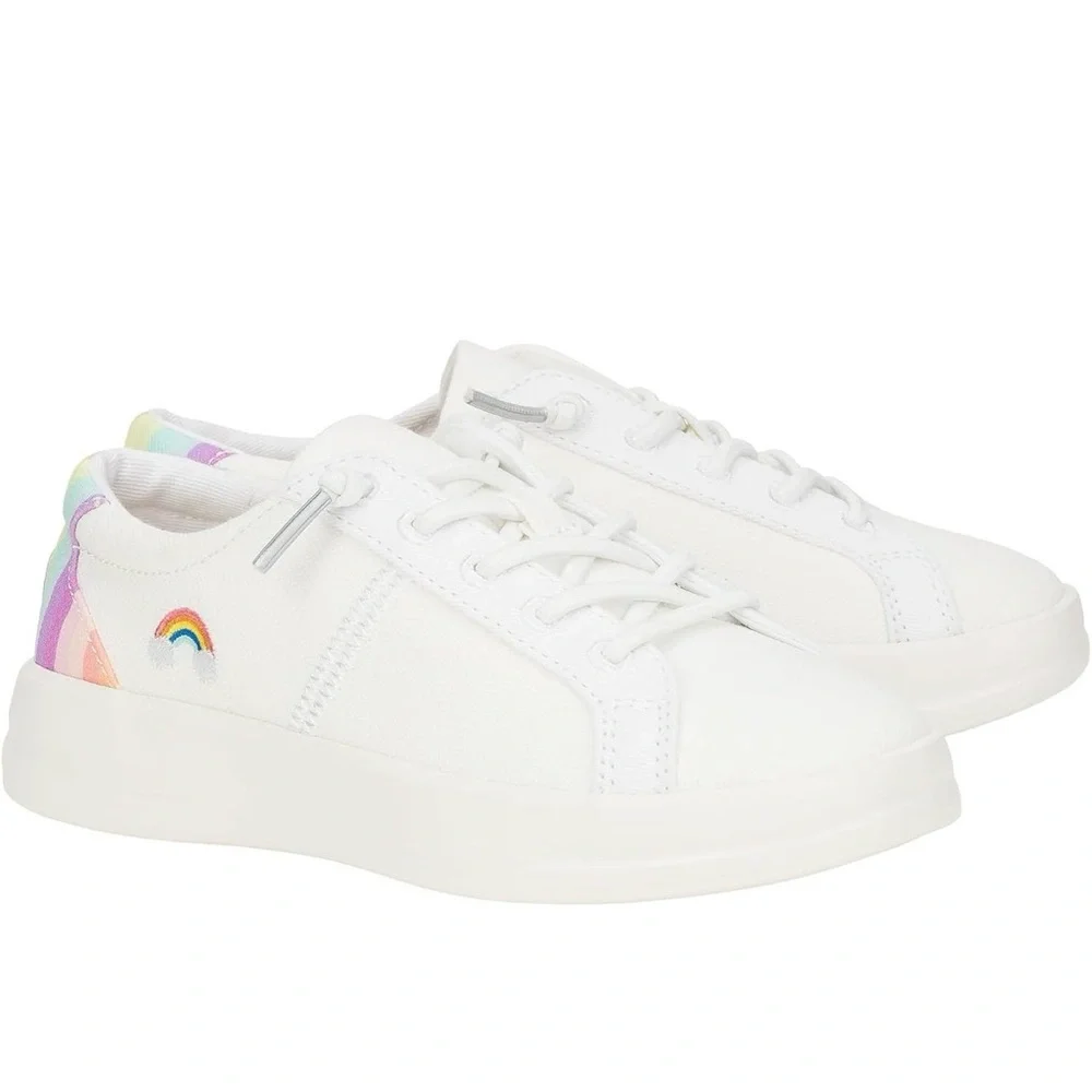 Hey Dude Kids White Canvas Sneakers with Rainbow Heel Accent